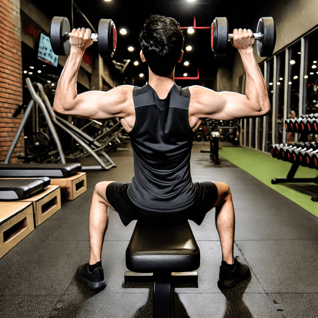 The back view of a man doing the Arnold press with a pair of dumbbells. He is sitting on a bench in the middle of a gym. There are weights and cardio equipment in the background.