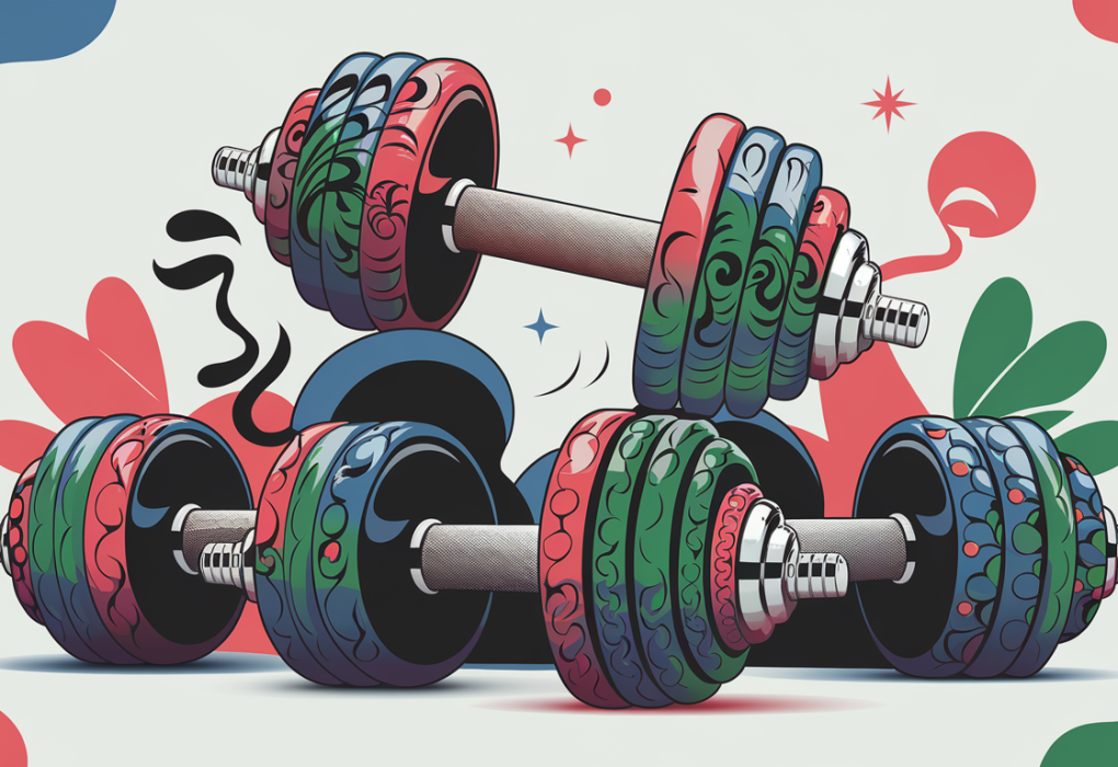 A pair of colorful dumbbells, in the style of a tattoo.