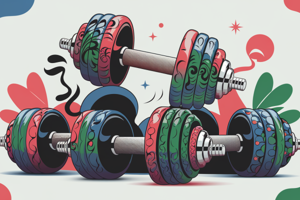 A pair of colorful dumbbells, in the style of a tattoo.