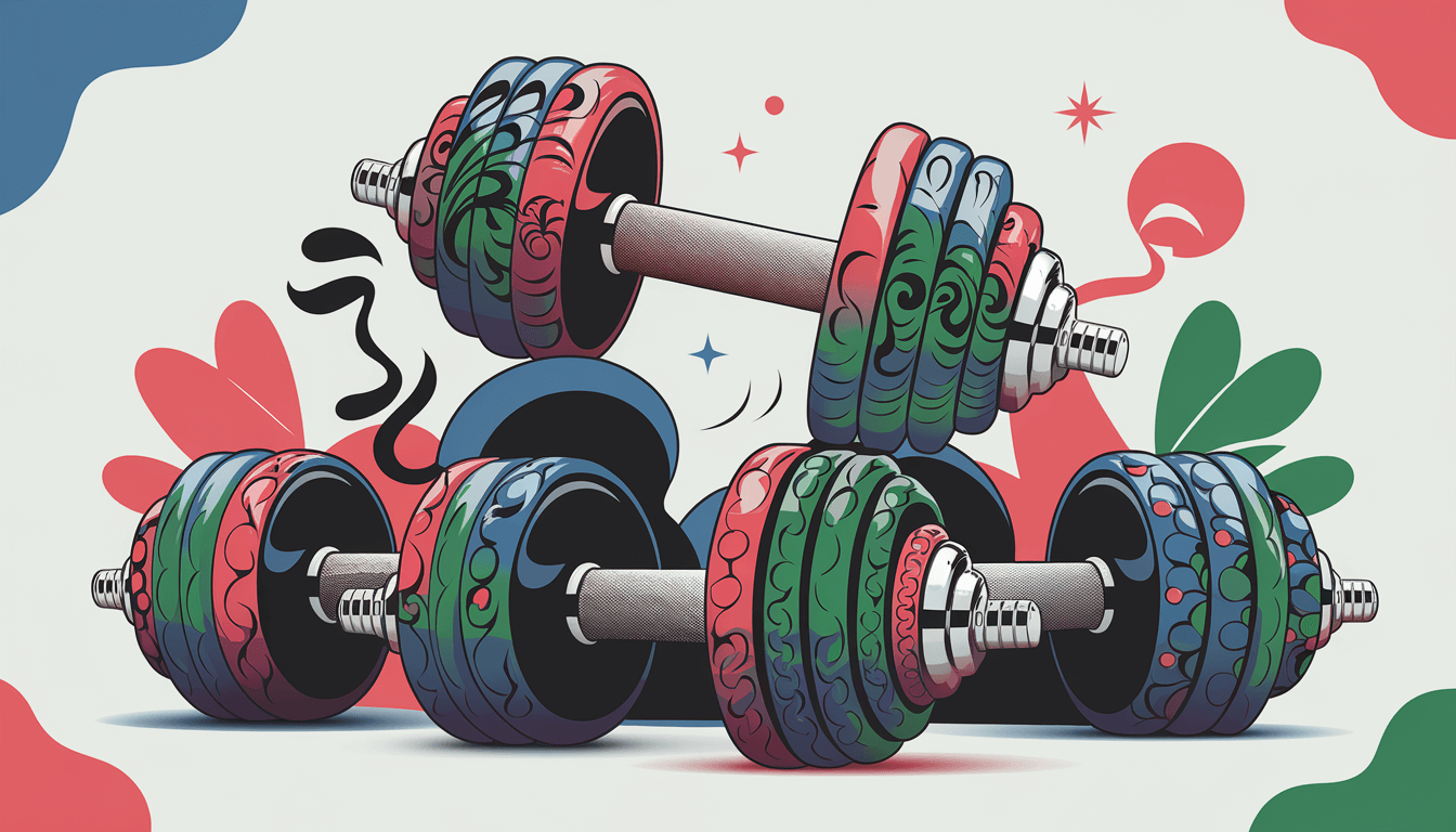 A pair of colorful dumbbells, in the style of a tattoo.