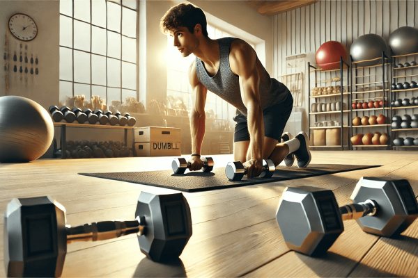 A man doing core muscle training using dumbbells in a gym. He has two dumbbells, and some extra lying on the ground.