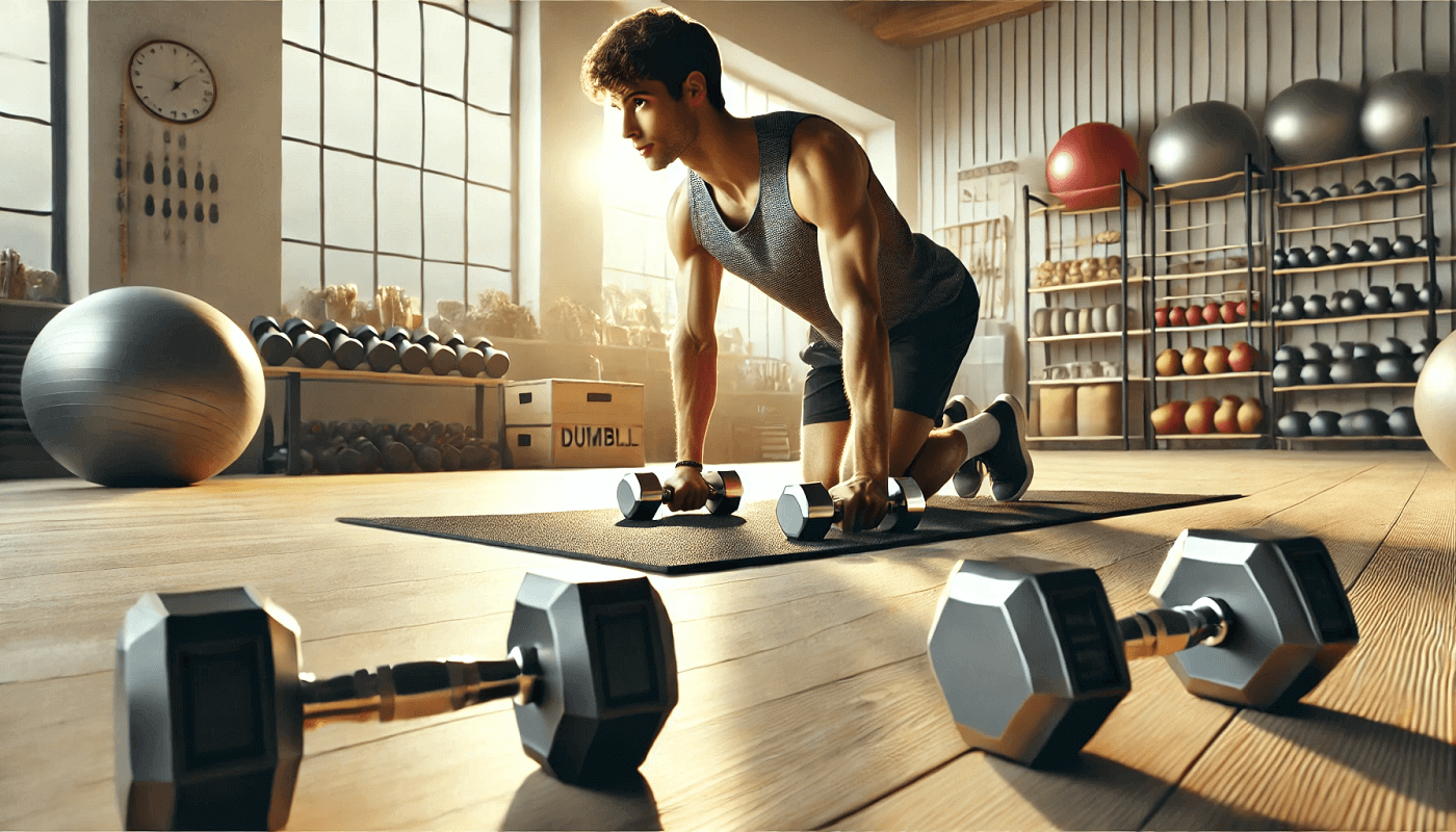 A man doing core muscle training using dumbbells in a gym. He has two dumbbells, and some extra lying on the ground.