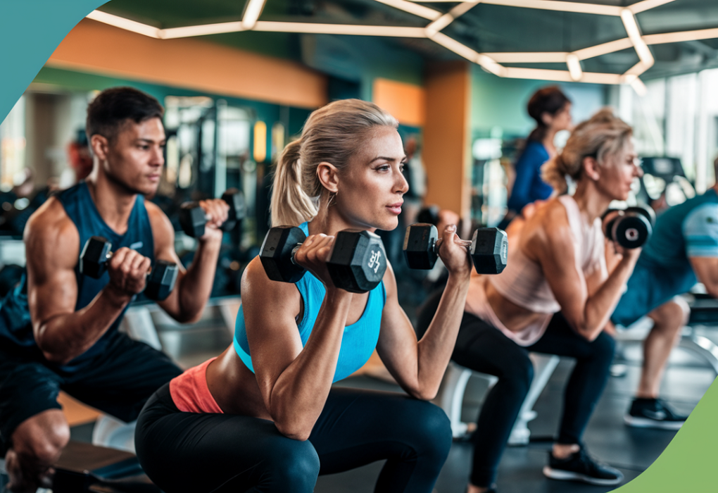 A group fitness class in a gym, there are men and women doing dumbbell squats each holding a pair of dumbbells.