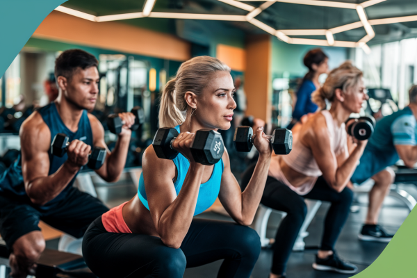 A group fitness class in a gym, there are men and women doing dumbbell squats each holding a pair of dumbbells.