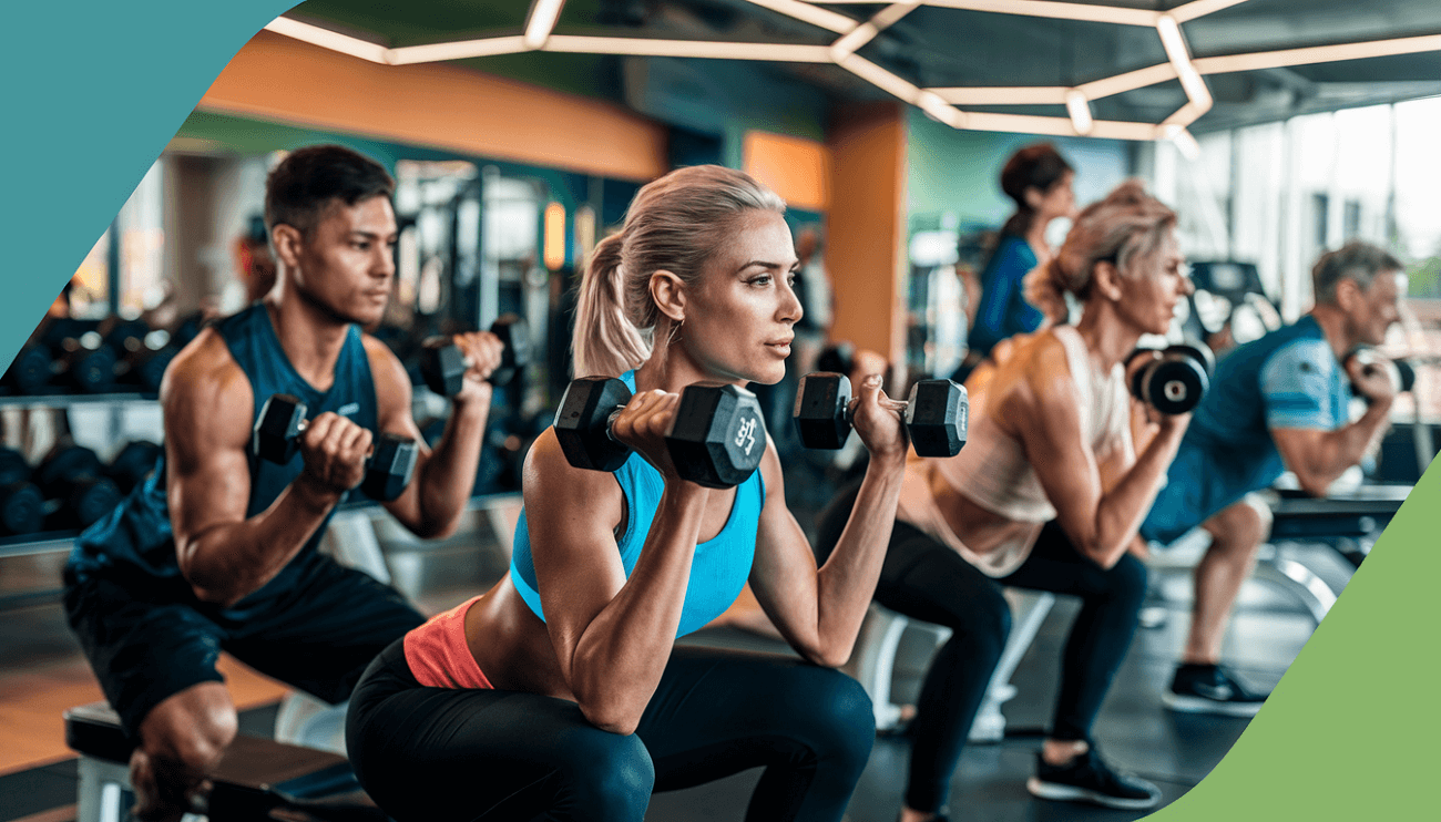 A group fitness class in a gym, there are men and women doing dumbbell squats each holding a pair of dumbbells.