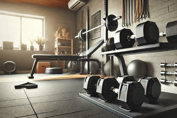 A basement home gym, with a dumbbell weight set. A barbell bench, some medicine balls, and other exercise equipment also lies on the floor.