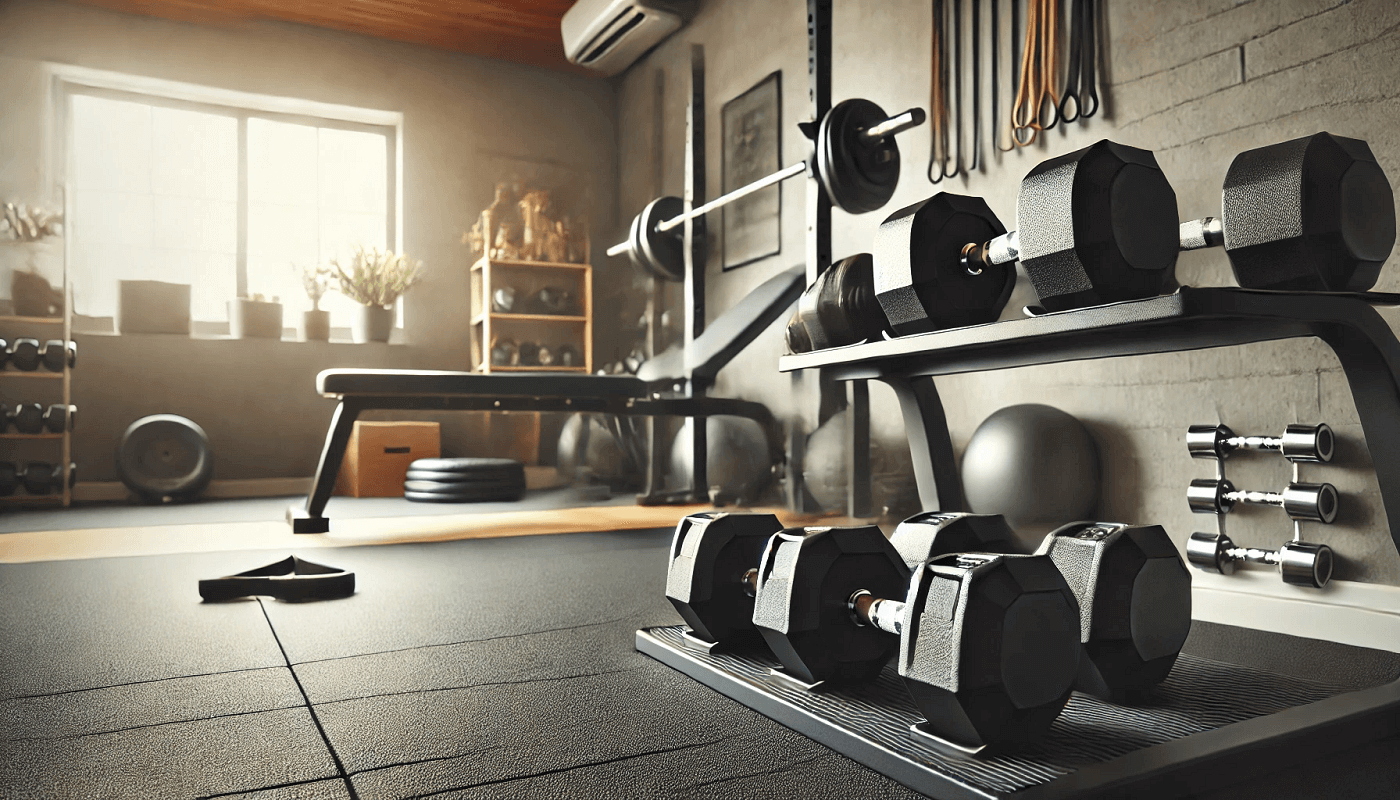 A basement home gym, with a dumbbell weight set. A barbell bench, some medicine balls, and other exercise equipment also lies on the floor.