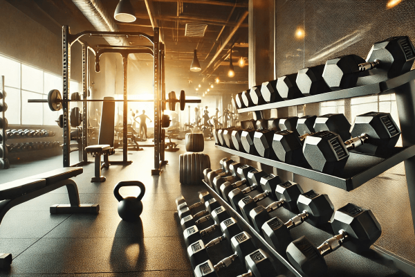 A modern gym, with a dumbbell, squat, and weight rack. There are people in the background working out. They are likely asking for exercise and nutrition tips.