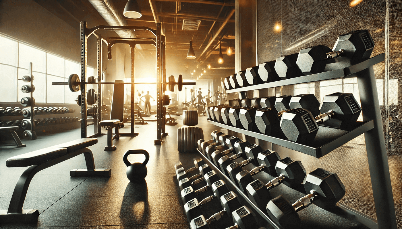 A modern gym, with a dumbbell, squat, and weight rack. There are people in the background working out. They are likely asking for exercise and nutrition tips.