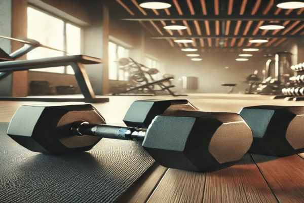 A pair of dumbbells lies on the floor of a gym. A barbell bench can be seen on the side of the gym. There is also a dumbbell rack against the right side wall.