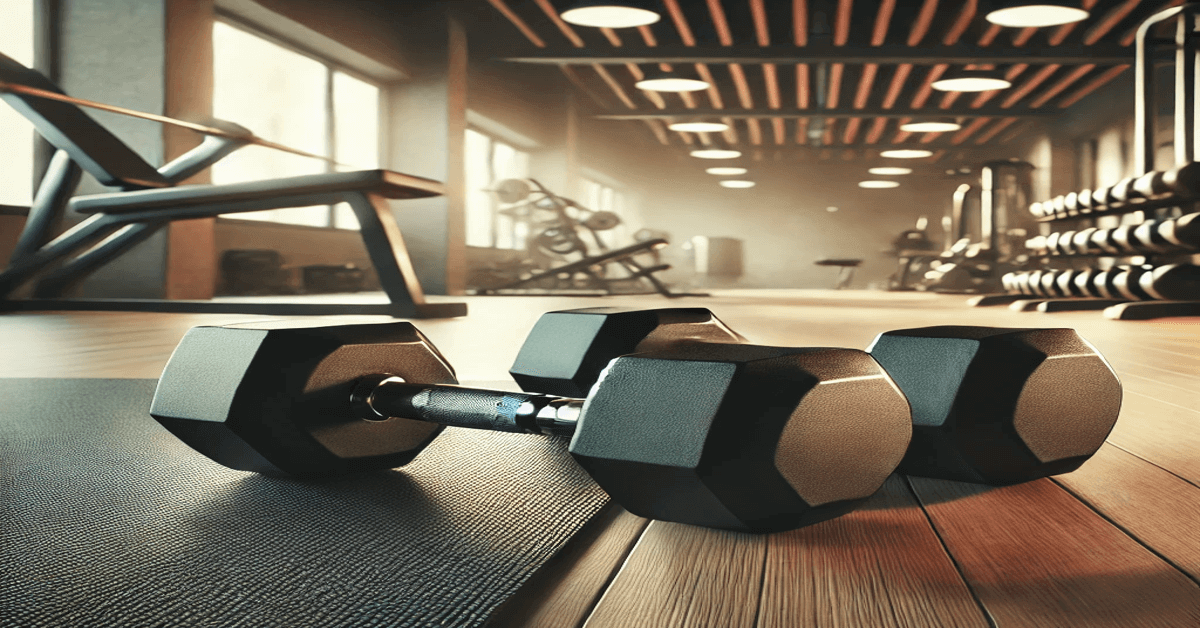 A pair of dumbbells lies on the floor of a gym. A barbell bench can be seen on the side of the gym. There is also a dumbbell rack against the right side wall.