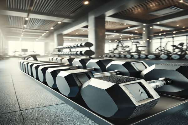 A line of dumbbells lies on the floor of a gym. There is some out of focus cardio equipment on the back wall of the gym.