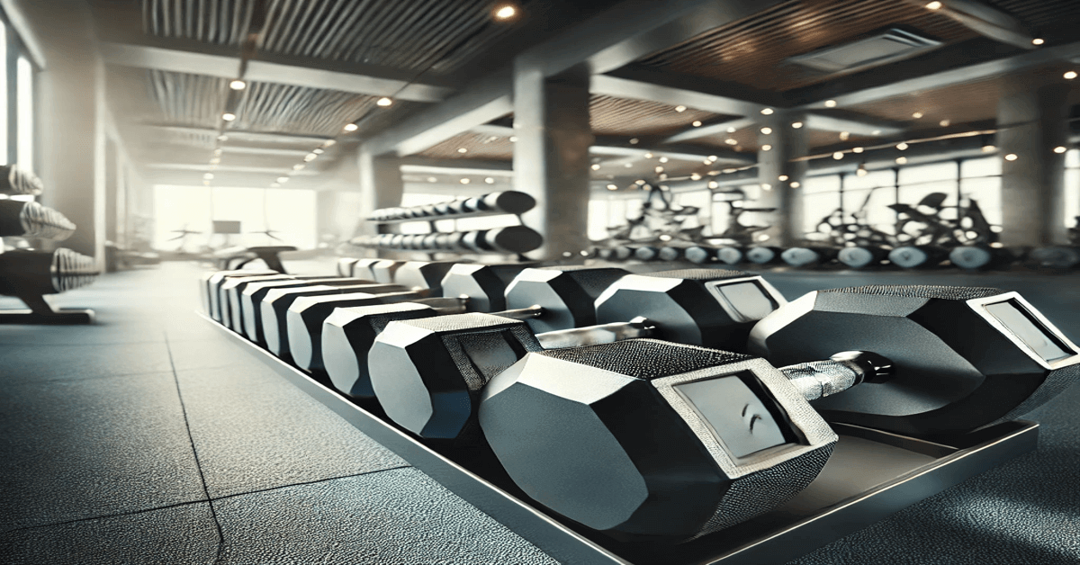 A line of dumbbells lies on the floor of a gym. There is some out of focus cardio equipment on the back wall of the gym.